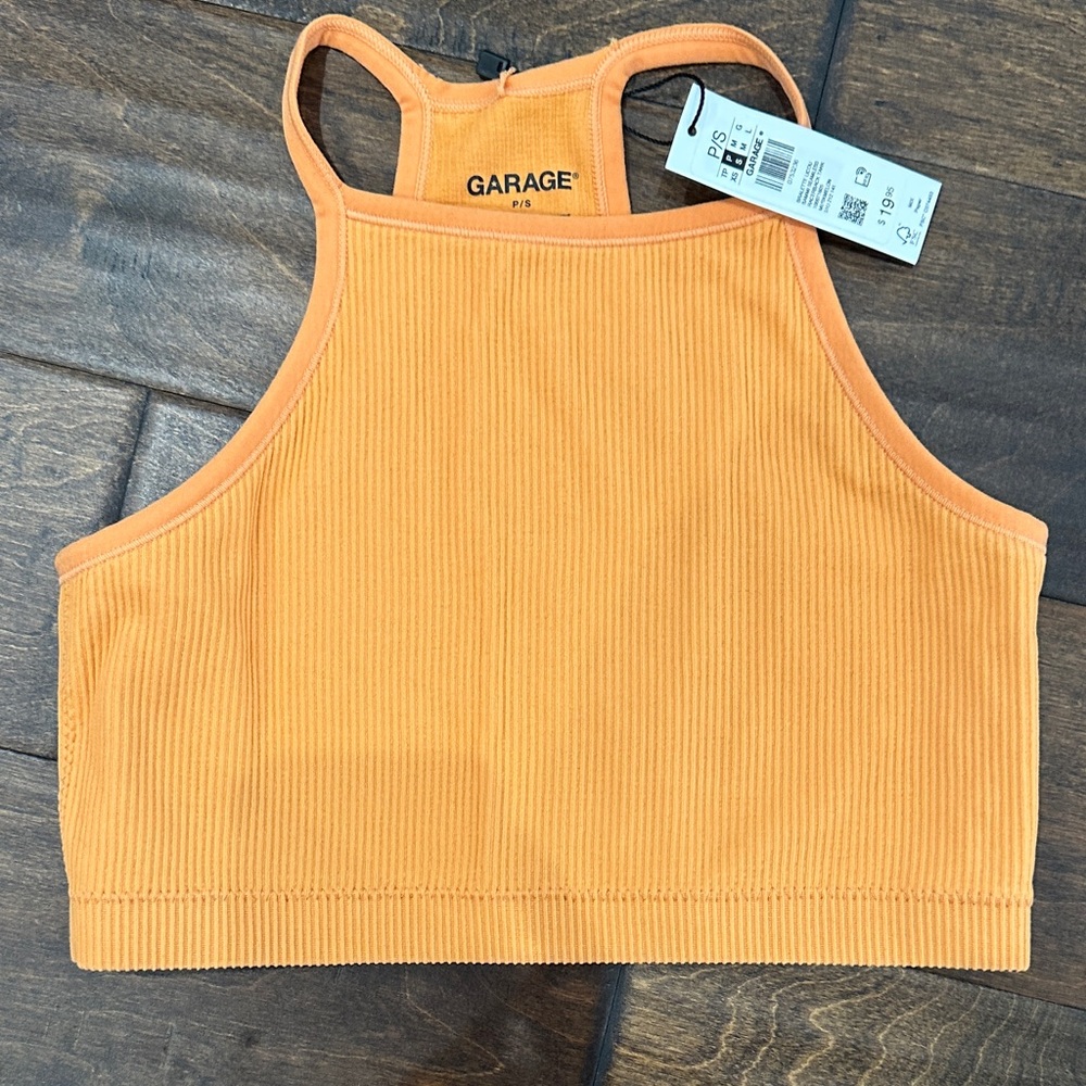 Garage Ribbed High-Neck Crop Tank Top in muskmelon
